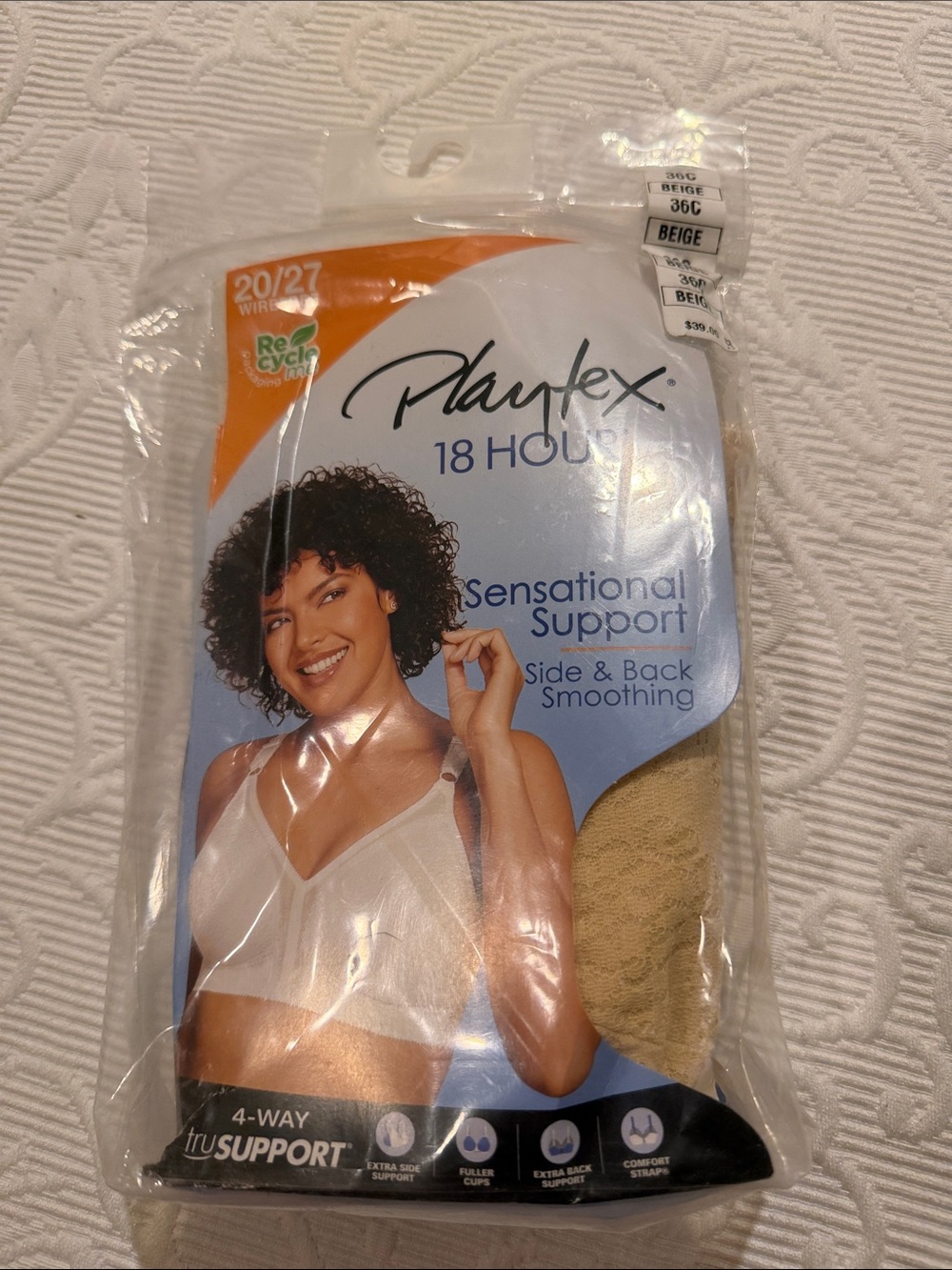 Playtex 18 Hour Sensational Support Bra in Beige. 36C. NIOP